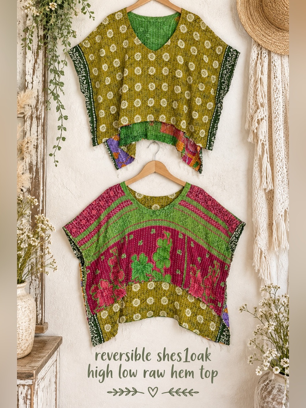 🌿 Shes1oak Reversible Kantha High Low Raw Hem Boho Top One Size 100% Cotton